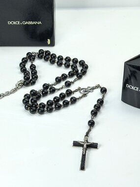 Vintage Dolce & Gabbana 925 Silver Black Bead Rosary Crucifix Necklace JR1983